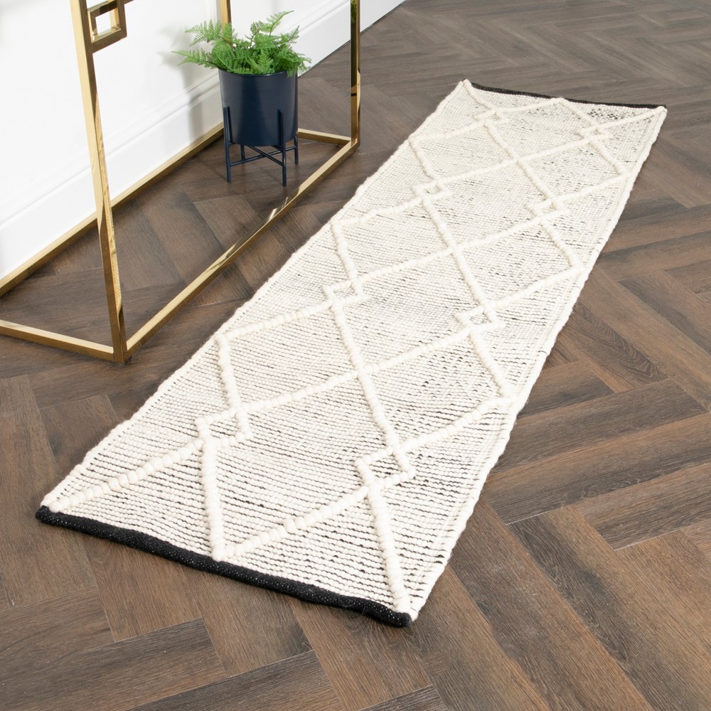 Saffron Boho Wool Runner Rugs in Cream Black